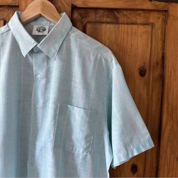 Vintage 80’s Men’s Light Blue Pinstripe Short Sleeve Shirt Button Down - Large - Picture 5 of 15